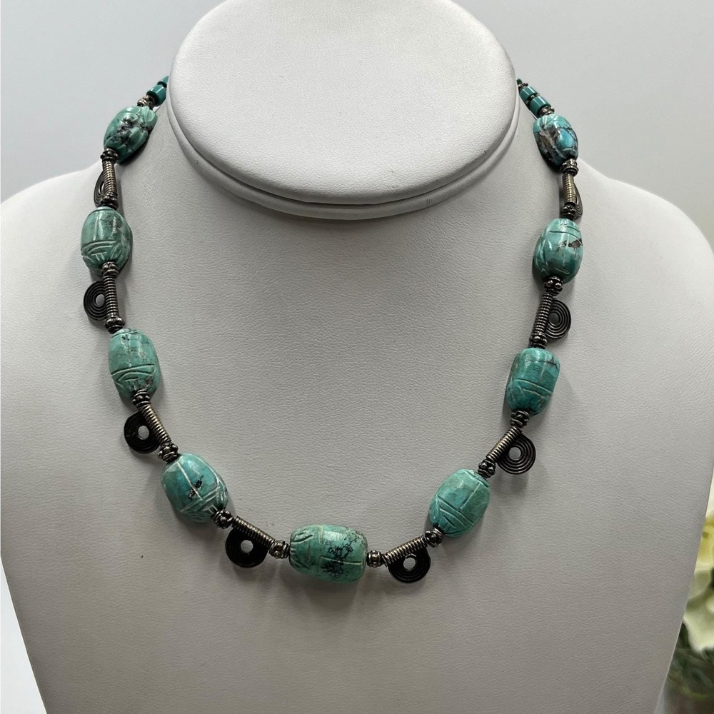 Vintage Sterling Silver Turquoise Carved Scarab Necklace Egyptian Revival Style